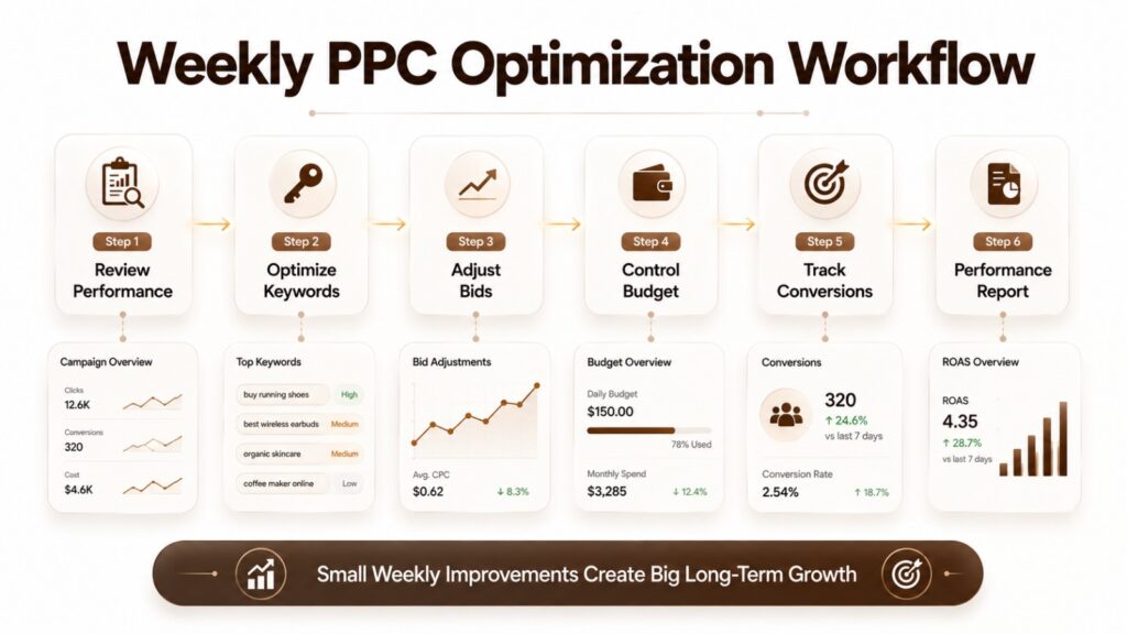 Workflow infographic showing the weekly ecommerce PPC optimization process, including performance review, keyword optimization, bid adjustments, budget monitoring, conversion tracking, and reporting.