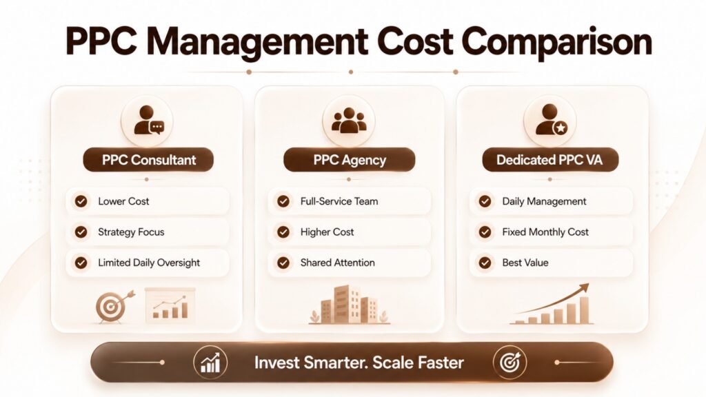 Pricing comparison infographic for ecommerce PPC management services, comparing consultants, agencies, and dedicated PPC virtual assistants.